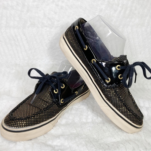 Sperry Topsider Black Patent Gold Pin Dot Boat Shoes - Picture 3 of 8